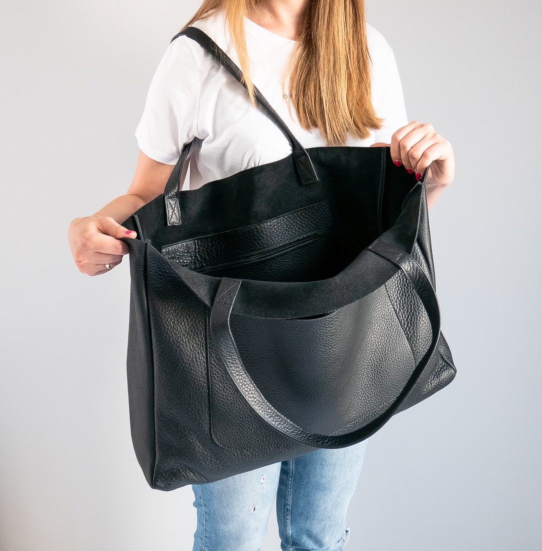 BLACK OVERSIZE Shopper Bag, Black Leather Shopper, Large Tote Bag