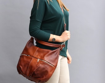 Bolsa de Ombro Hobo em Couro Marrom Castanho - Bolsa de Couro Crossbody para o Dia a Dia - Bolsa de Couro Conhaque - Bolsa de Couro Feminina