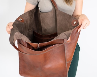 COGNAC LEDER TOTE Tasche, Weekender Oversized Tasche, Slouchy Tote, Cognac Braun Handtasche für Frauen, Alltagstasche, Frauen Ledertasche