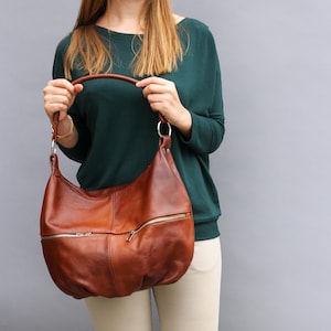 Brown Leather Shoulder Hobo Bag, Cognac Crossbody Leather Purse, Handmade Women&#39;s Handbag, Everyday Natural Leather Bag, Boho Large Capacity