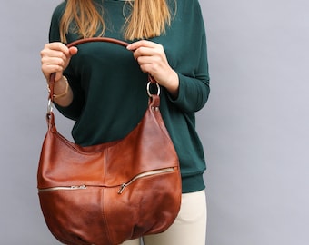 Bolso de hombro de piel marrón, bandolera de piel color coñac, bolso de mano para mujer hecho a mano, bolso de piel natural para uso diario, estilo bohemio, de gran capacidad.