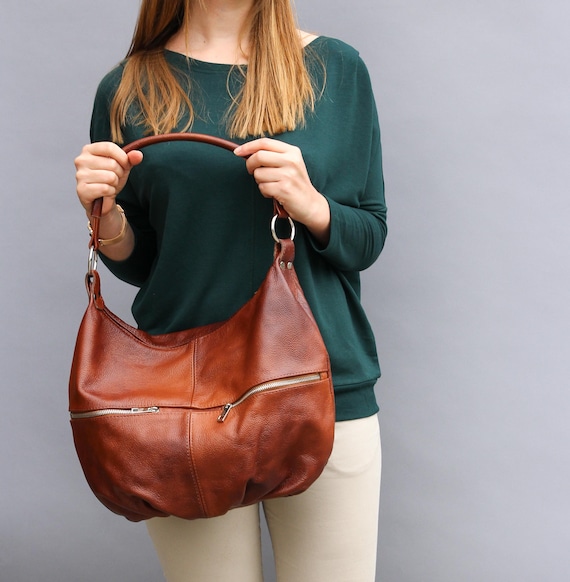 Brown Leather Shoulder Hobo Bag, Cognac Crossbody Leather Purse, Handmade Women's Handbag, Everyday Natural Leather Bag, Boho Large Capacity