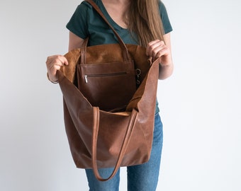 Brown OVERSIZE SHOPPER Bag - Shopping Bag - Large Tote - Brown Leather Shoulder Bag - Large Everyday Purse -Travel Bag - Big Tote Bag