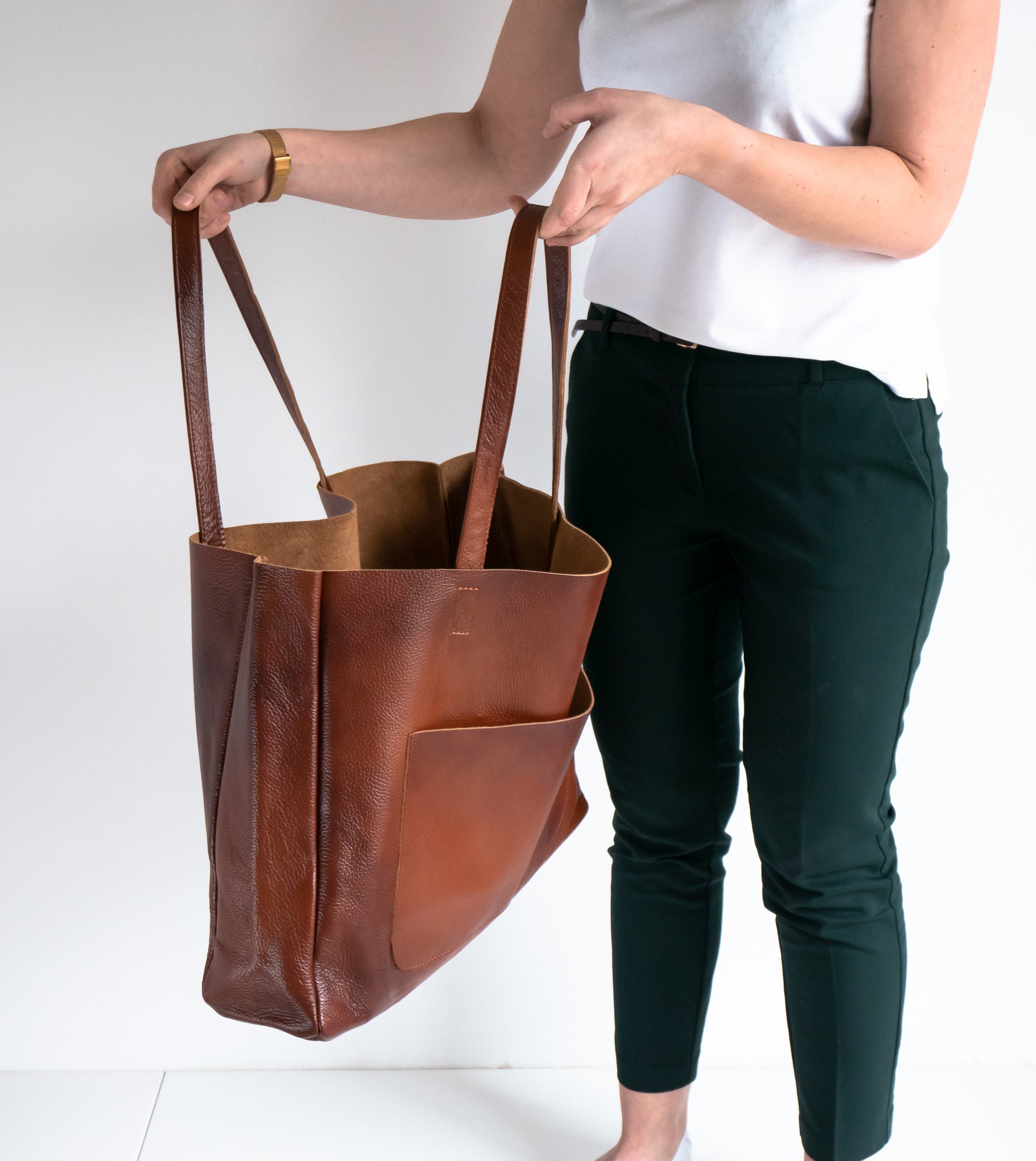Cognac BROWN OVERSIZE SHOPPER Bag Large Leather Tote Bag 