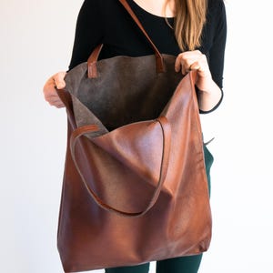 Cognac Brown Leather Tote Bag, Oversized Leather Shoulder Bag, Large Shopper Bag for Women, Weekender Cowhide Leather Tote, Soft Leather Bag