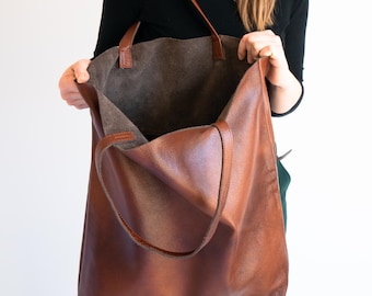 Cognacbruine leren draagtas, extra grote leren schoudertas, grote shopper voor dames, weekendtas rundleer draagtas, zachte leren tas
