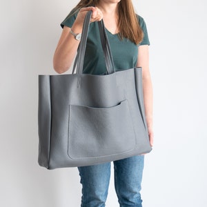 Bolso shopper extragrande gris, bolso shopper de piel gris oscuro, bolso tote grande, bolso de compras, bolso de mano XXL para uso diario, bolso de piel, bolsillo exterior