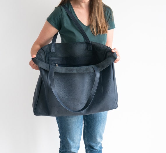 Everyday Xxl Handbag Navy OVERSIZE SHOPPER Bag DARK Blue Leather Shopper Leather Handbag External Pocket Large Tote Bag Shopping Bag