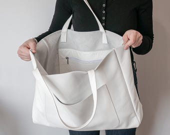 White Leather Tote Bag Oversized, Handmade Large Shopper Bag Women, Minimalist Work Travel Bag, XXL Everyday Shoulder Bag, Large Tote Bag