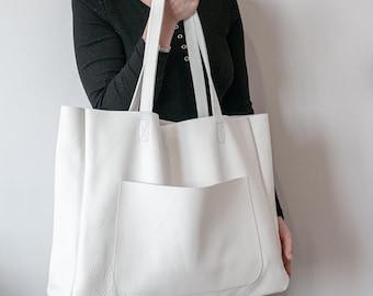 White Leather Tote Bag, Oversized Shopper, Everyday Carryall, Large Work & Travel Bag, Real Leather Handbag Women, Summer White Purse