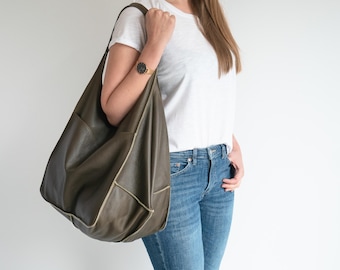 Dark Olive Green SHOULDER HOBO BAG, Oversize Leather Bag, Everyday Slouchy Tote, Handbag, Leather Women Shoulder Bag, Large Leather Tote
