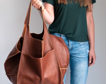 Chestnut LEATHER TOTE Bag, Weekender Oversized bag, Foldover Bag, Slouchy Tote, Chestnut Brown Handbag for Women, Everyday Bag, Women Bag
