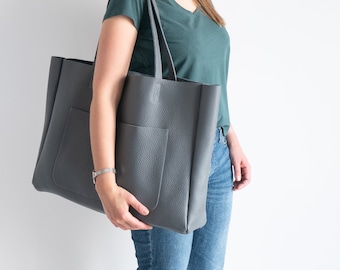 GRAY OVERSIZE SHOPPER Bag, Gray Leather Shopper, Large Tote Bag, Shopping Bag, Xxl Handbag, Everyday Tote, Big Leather Handbag with Pocket