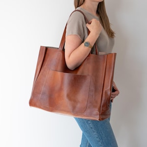 COGNAC BRAUN OVERSIZE Shopper Tasche, Cognac Leder Shopper, große Einkaufstasche, Einkaufstasche, Xxl Handtasche, Lederhandtasche, Außentasche