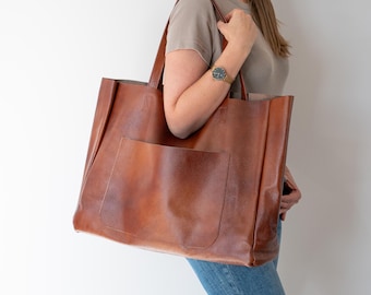 COGNAC BROWN OVERSIZE Shopper Bag, Cognac Leather Shopper, Large Tote Bag, Shopping Bag, Xxl Handbag, Leather Handbag, External Pocket