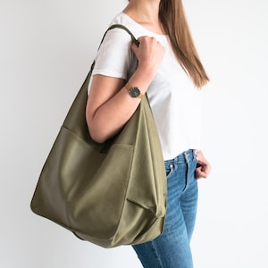 Olive Green OVERSIZE HANDBAG, Big Shoulder Bag, Leather Women Purse, Shoulder Hobo Bag, Leather Bag, Slouchy Tote, Large Leather Tote