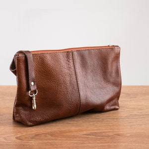 Cognac Brown Leather Makeup Bag, Travel Pouch, Small Leather Cosmetic Organizer, Toiletry Accessory, Zippered Leather Pouch, Leather Case
