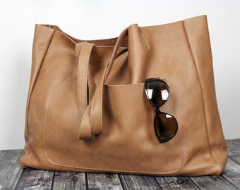 Camel Brown OVERSIZE SHOPPER Bag, Camel Leather Shopper, Large Tote Bag, Shopping Bag, Handbag, Everyday Tote, Leather Handbag with Pocket
