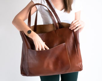 BIG SHOULDER BAG, Cognac Brown Leather Bag, Large Leather Tote, Oversized Leather Women Purse, Shoulder Bag Brown Handbag Shopping Bag