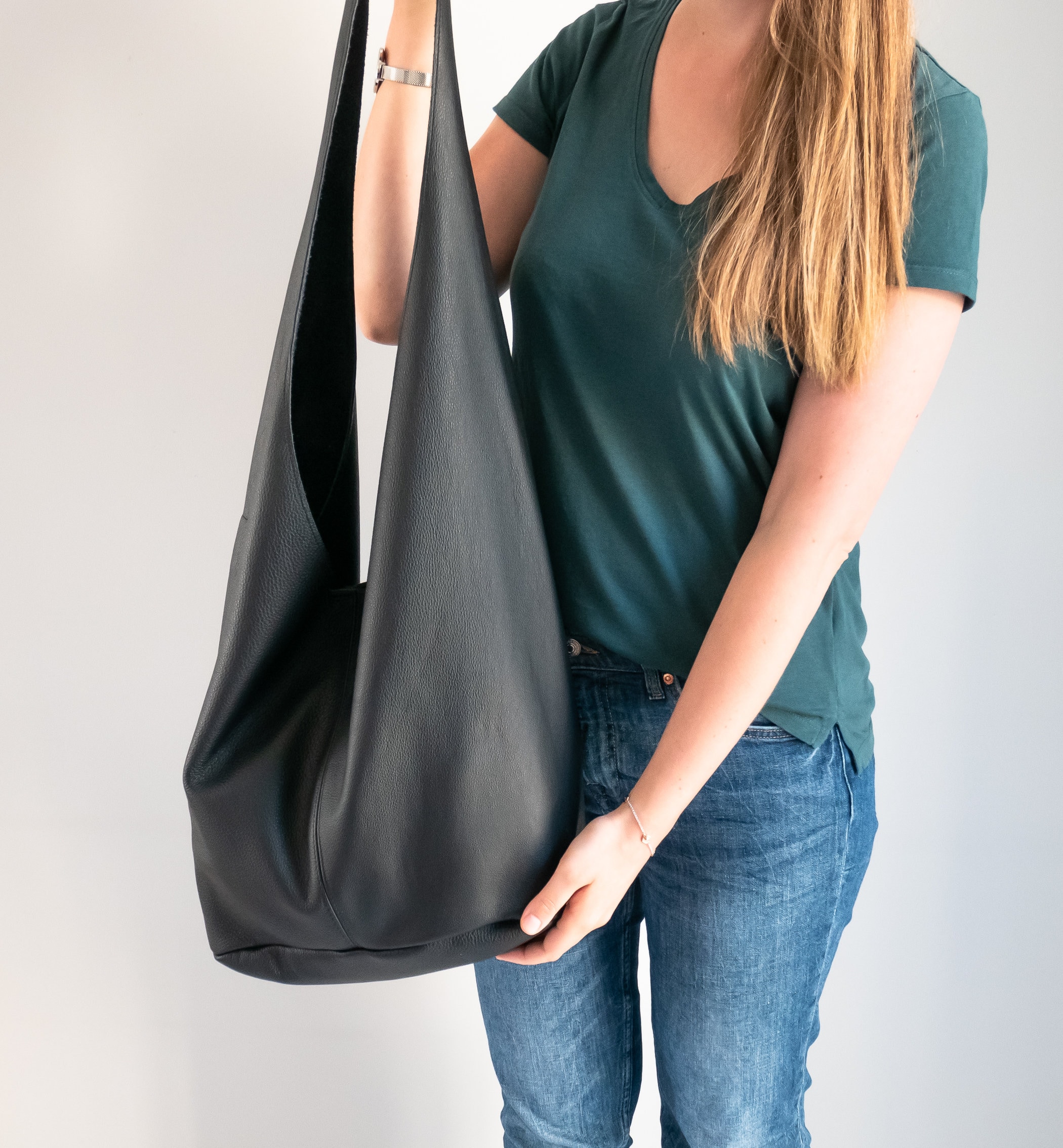 Black Leather HIPPIE Bag, Large BOHO Bag, Oversized Hobo Bag, Bohemian ...