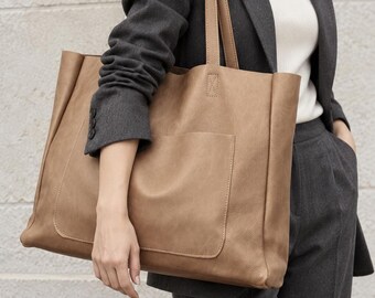 OVERSIZE SHOPPER, Kamel Braun, Leder Shopper, große Einkaufstasche, Einkaufstasche, Handtasche, Ledertasche, Lederhandtasche mit Tasche