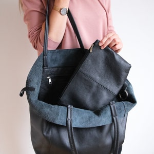 Black OVERSIZE SHOPPER Bag Large Leather Tote Bag Big Shoulder Bag Travel Bag Shopping Bag Oversized Tote Everyday Purse, Black image 9