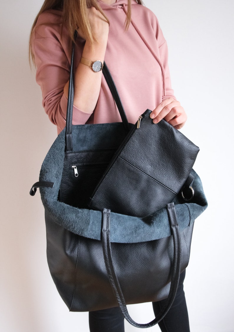 Black OVERSIZE SHOPPER Bag Large Leather Tote Bag Big Shoulder Bag Travel Bag Shopping Bag Oversized Tote Everyday Purse, Black image 9