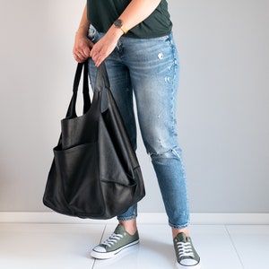 BLACK Shoulder bag, Weekender Oversized bag, Slouchy Tote, Soft Leather Bag, Everyday Bag, Women leather bag, Black Handbag for Women image 8
