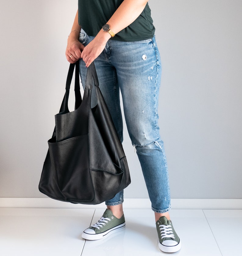 BLACK Shoulder bag, Weekender Oversized bag, Slouchy Tote, Soft Leather Bag, Everyday Bag, Women leather bag, Black Handbag for Women image 8