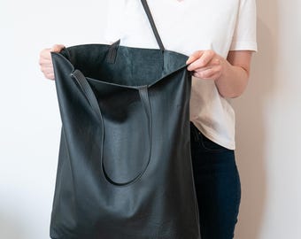 Black Oversized Leather Tote Bag, Large Shoulder Carryall, Soft Cowhide Weekender Handbag, Spacious Shopper, Minimalist Black Travel Bag