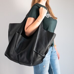 BLACK Shoulder bag, Weekender Oversized bag, Slouchy Tote, Soft Leather Bag, Everyday Bag, Women leather bag, Black Handbag for Women image 3