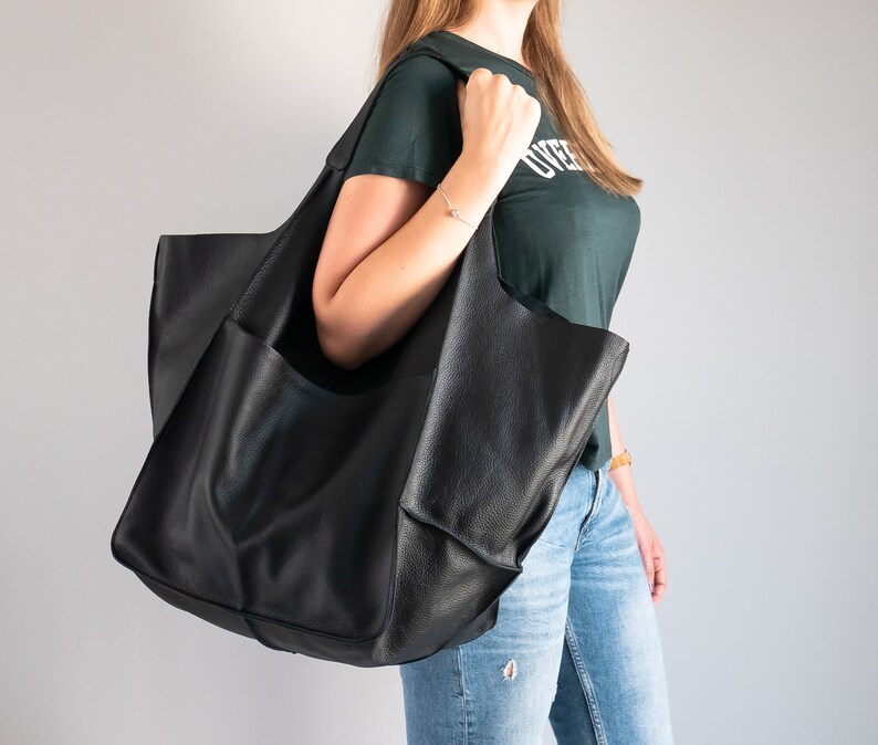 BLACK Shoulder bag, Weekender Oversized bag, Slouchy Tote, Soft Leather Bag, Everyday Bag, Women leather bag, Black Handbag for Women image 3