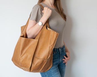 Grote leren draagtas voor dames, slouchy kameelbruine schoudertas, zachte, oversized werktas van echt leer, hobo-tas, dagelijks en weekendtas