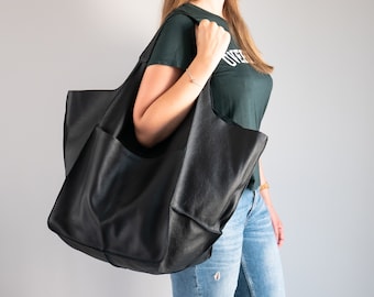 Schwarze Schultertasche, Oversize Ledertasche, große Ledertasche, Alltag Slouchy Tote, Handtasche, Leder Frauen Geldbörse, große Schultertasche