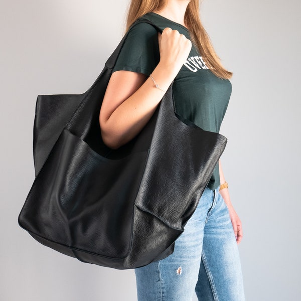 Black SHOULDER HOBO BAG, Oversize Leather Bag, Large Leather Tote, Everyday Slouchy Tote, Handbag, Leather Women Purse, Big Shoulder Bag