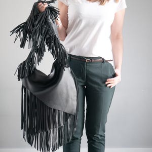 Black Leather Bag with Fringes, Boho Crossbody Leather Purse, Western Fringe Bag, Hippie Shoulder Bag, Bohemian Style Bag, Festival Bag