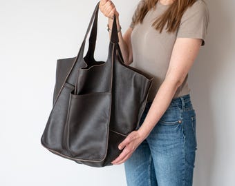 Oversized Leather Tote Bag, Chocolate Brown, Soft Slouchy Shoulder Bag, Handmade Large Carryall for Work & Travel, Foldover Leather Purse