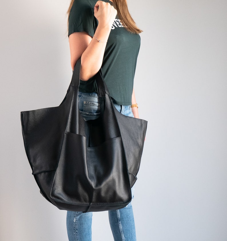 BLACK Shoulder bag, Weekender Oversized bag, Slouchy Tote, Soft Leather Bag, Everyday Bag, Women leather bag, Black Handbag for Women image 4