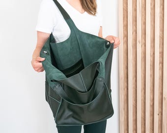 Oversize SHOULDER HOBO BAG, Leather Bag, Large Leather Tote, Everyday Slouchy Tote, Green Handbag, Leather Women Purse, Weekender Bag, Purse