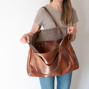 Grand sac à bandoulière, sac en cuir marron cognac, grand fourre-tout en cuir, sac à main surdimensionné en cuir pour femme, sac à bandoulière marron sac à main