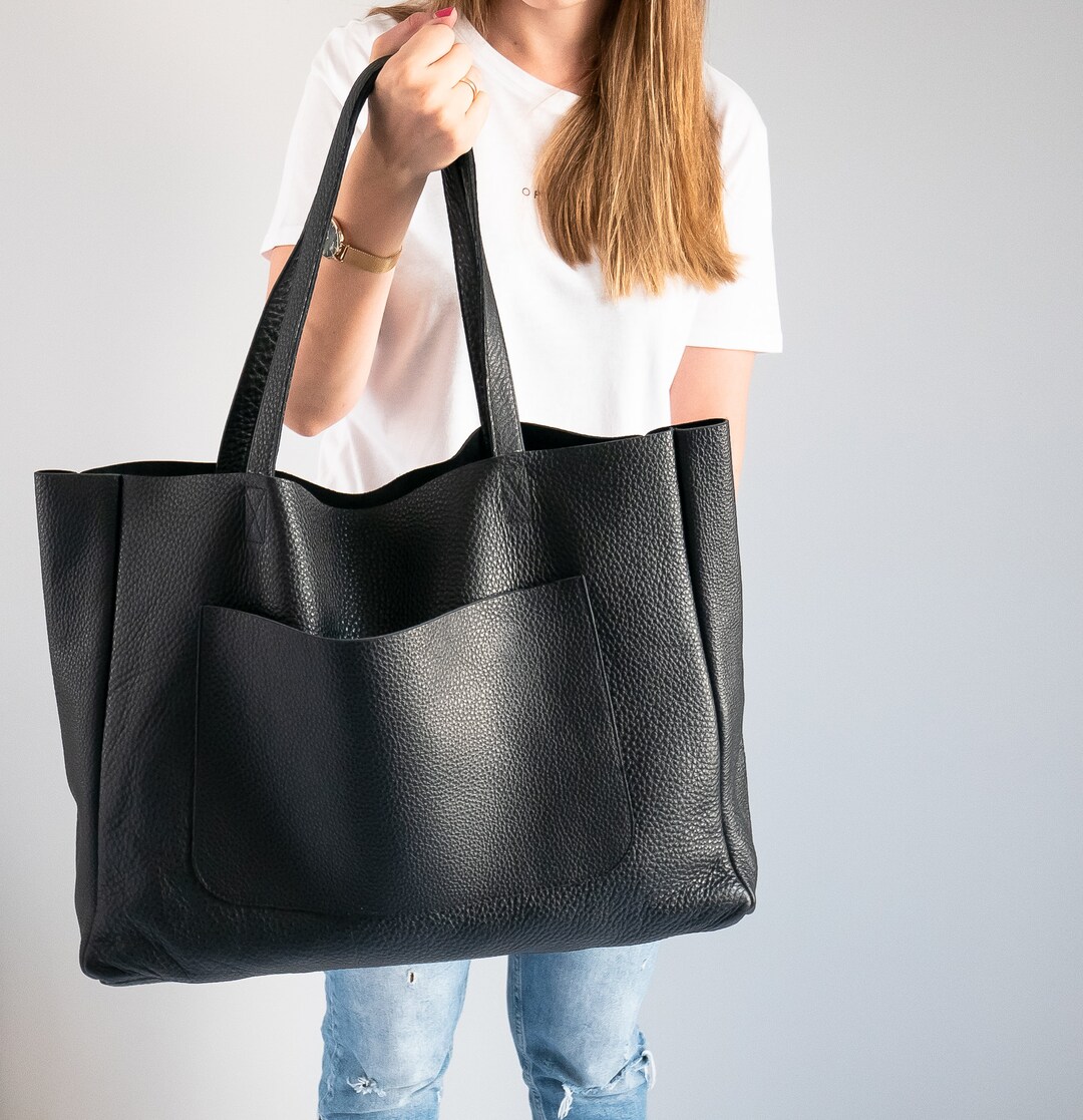 BLACK OVERSIZE SHOPPER Bag, Black Leather Shopper, Large Tote Bag