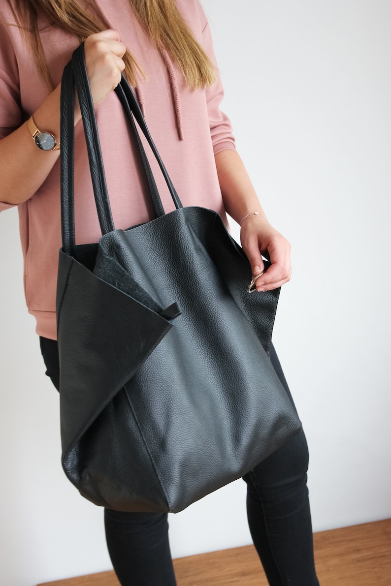 Black OVERSIZE SHOPPER Bag Large Leather Tote Bag Big Shoulder Bag Travel Bag Shopping Bag Oversized Tote Everyday Purse, Black image 6