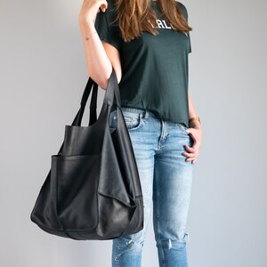 BLACK Shoulder bag, Weekender Oversized bag, Slouchy Tote, Soft Leather Bag, Everyday Bag, Women leather bag, Black Handbag for Women image 6