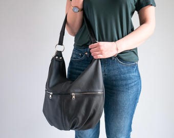Black Leather Shoulder Hobo Bag, Crossbody Leather Purse, Large Women's Bag, Everyday Black Leather Handbag, Boho Style Bag, Versative Bag