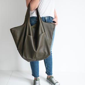 Dark Olive Green SHOULDER HOBO BAG, Oversize Leather Bag, Everyday Slouchy Tote, Handbag, Leather Women Shoulder Bag, Large Leather Tote