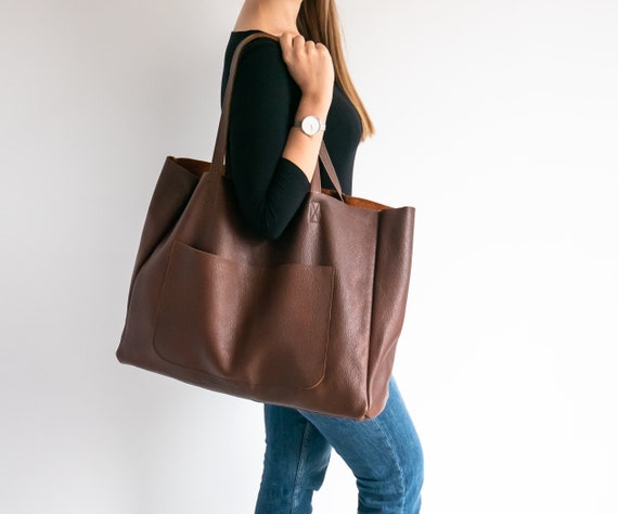 BROWN OVERSIZE SHOPPER Bag Cognac Leather Shopper Large Tote Bag Shopping Bag Everyday Xxl Handbag Leather Handbag External Pocket Etsy