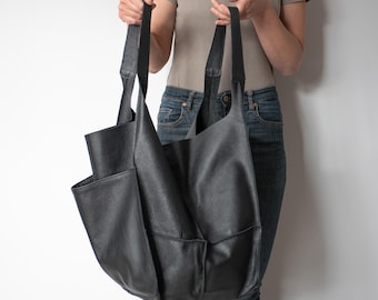 BLACK Weekender Oversized Tasche, Große Schultertasche, Slouchy Tote, Weiche Ledertasche, Alltagstasche, Frauen Ledertasche, schwarze Handtasche - Shopper