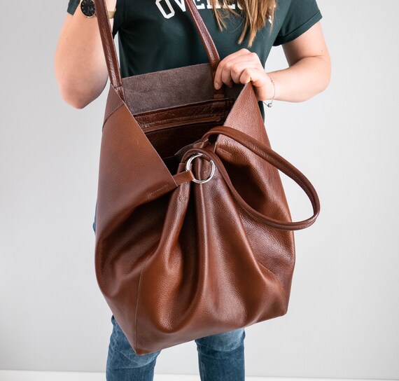 Cognac BROWN OVERSIZE SHOPPER Bag Large Leather Tote Bag 