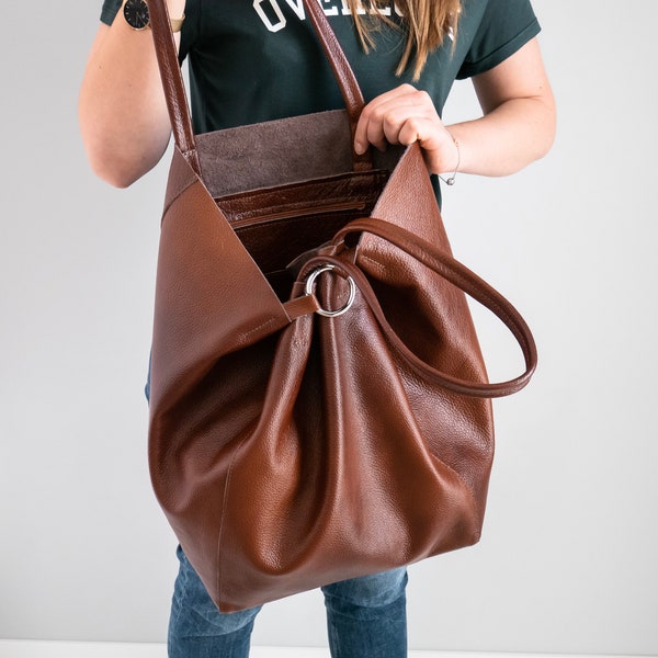 Cognac Brown OVERSIZE SHOPPER Bag - Shopping Bag - Large Tote - Brown Leather Shoulder Bag - Large Everyday Purse Travel Bag - Big Tote Bag