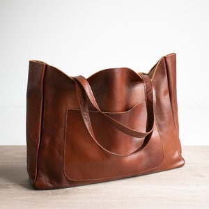 COGNAC BROWN OVERSIZE Shopper Bag, Cognac Leather Shopper, Large Tote Bag, Shopping Bag, Xxl Handbag, Leather Handbag, External Pocket